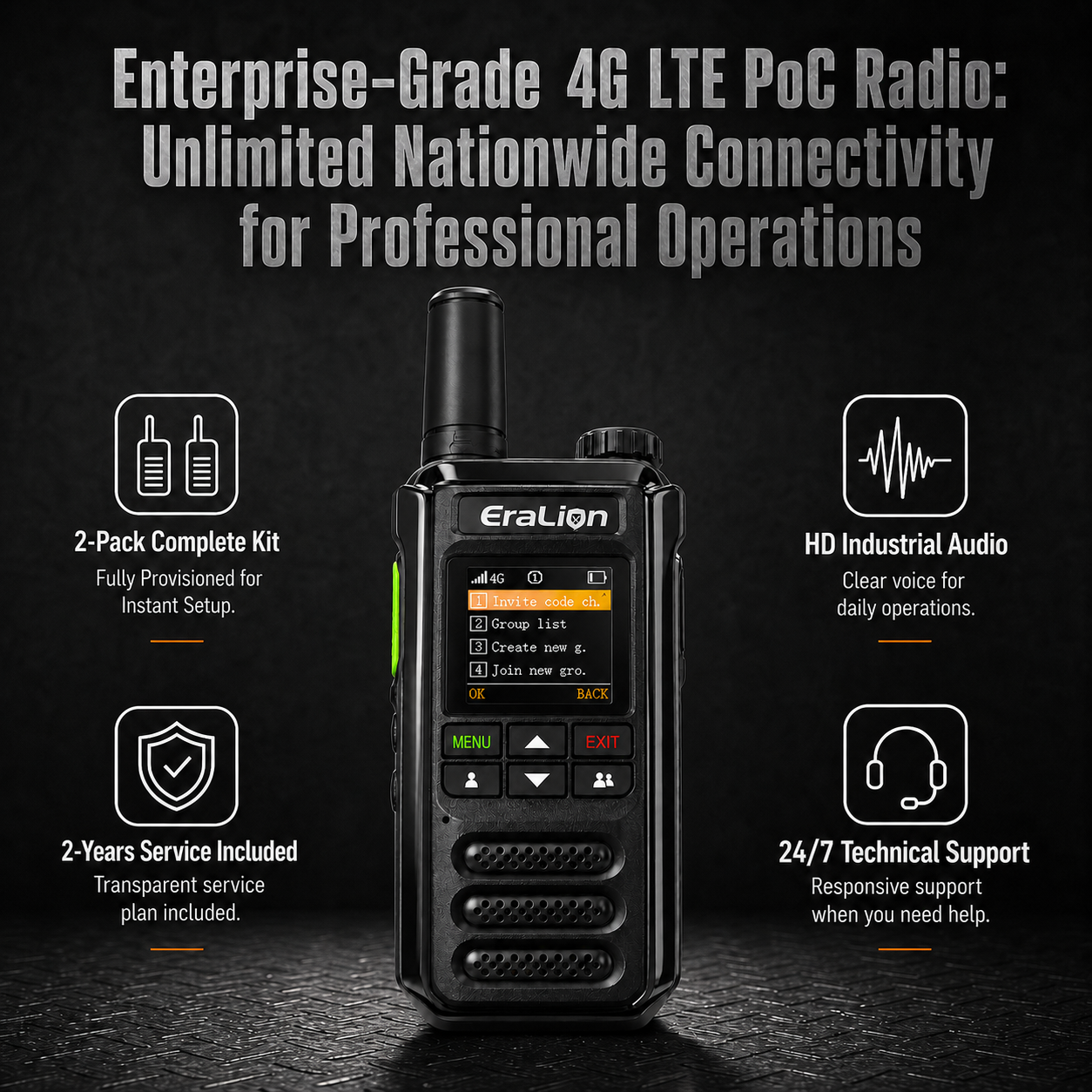 EraLion H18 4G LTE PoC PTT Radios 2-Pack | Business-Grade Push-to-Talk Radio for Warehouses & Teams
