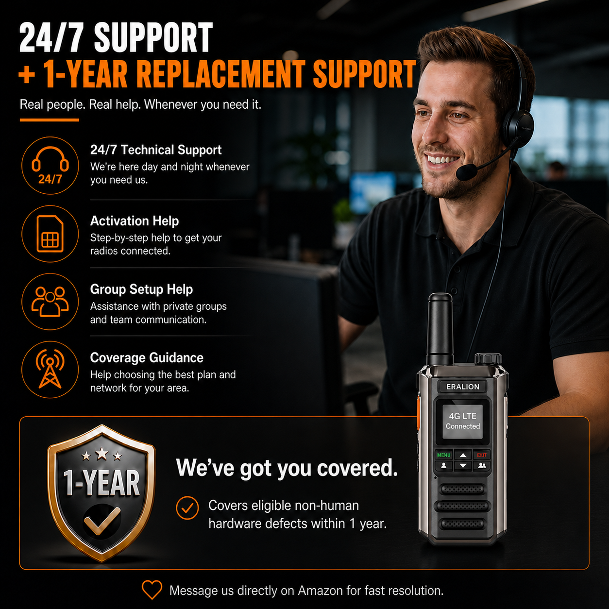 Eralion 4G LTE PoC professional two-way radio for business communication, rugged handheld design, PTT button, color screen, suitable for warehouses, logistics, hotels, security, and retail teams.
